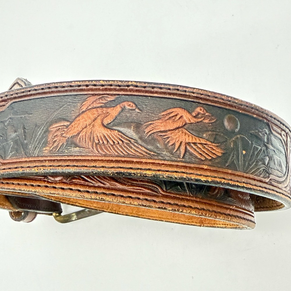 Silver Creek Mens Belt 40 Brown Leather Hand Tooled Duck Hunting Marsh Western